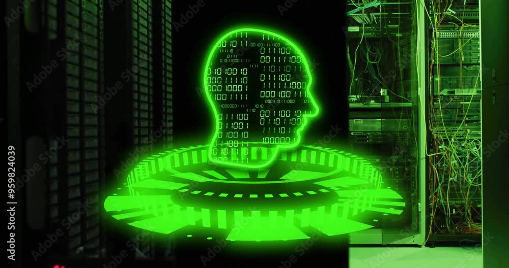 Poster binary code human head animation over server room background