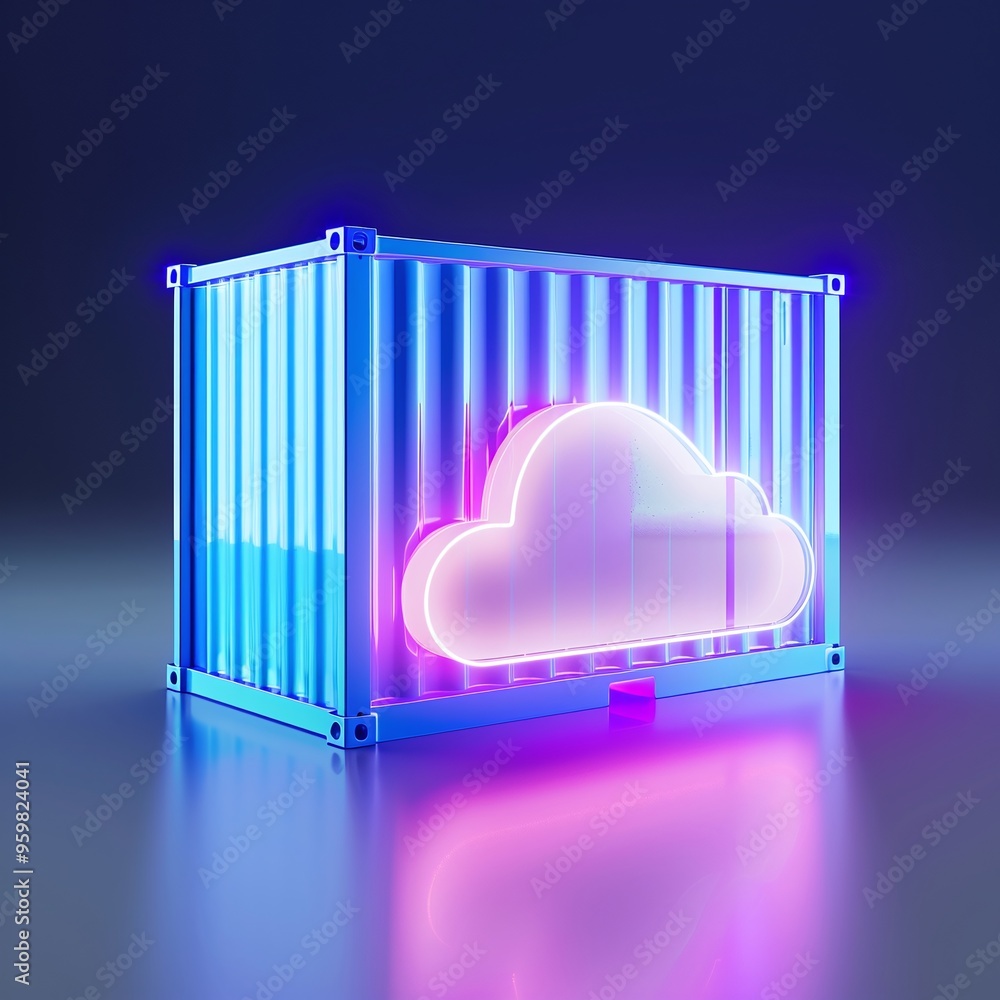 Poster futuristic cloud storage concept with neon light in a blue shipping container. modern technology and