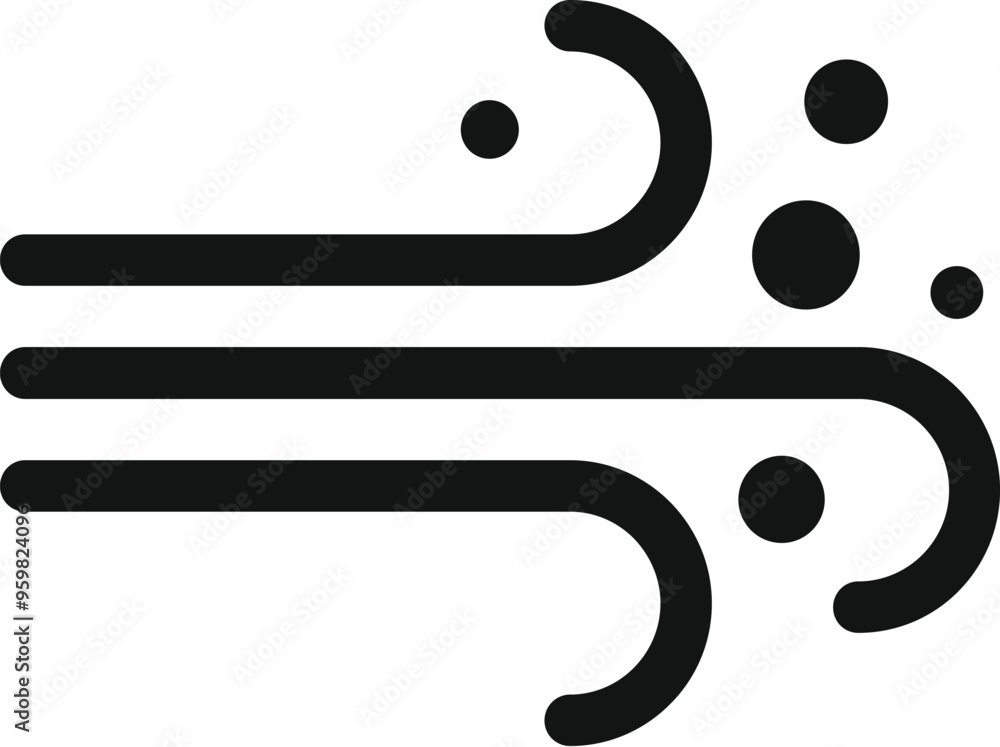Poster simple black and white icon of wind blowing from left to right with particles