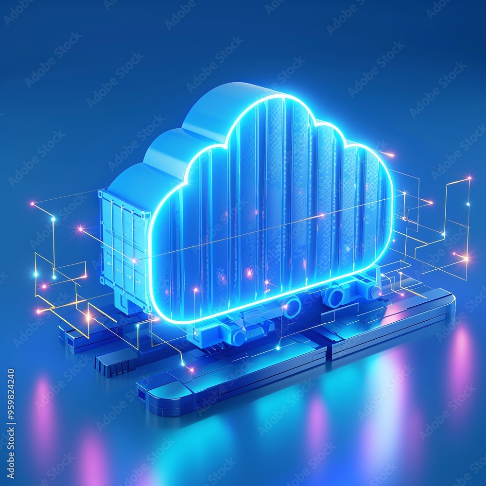 Poster futuristic concept of cloud computing with a glowing train on tracks. illustration of digital infras