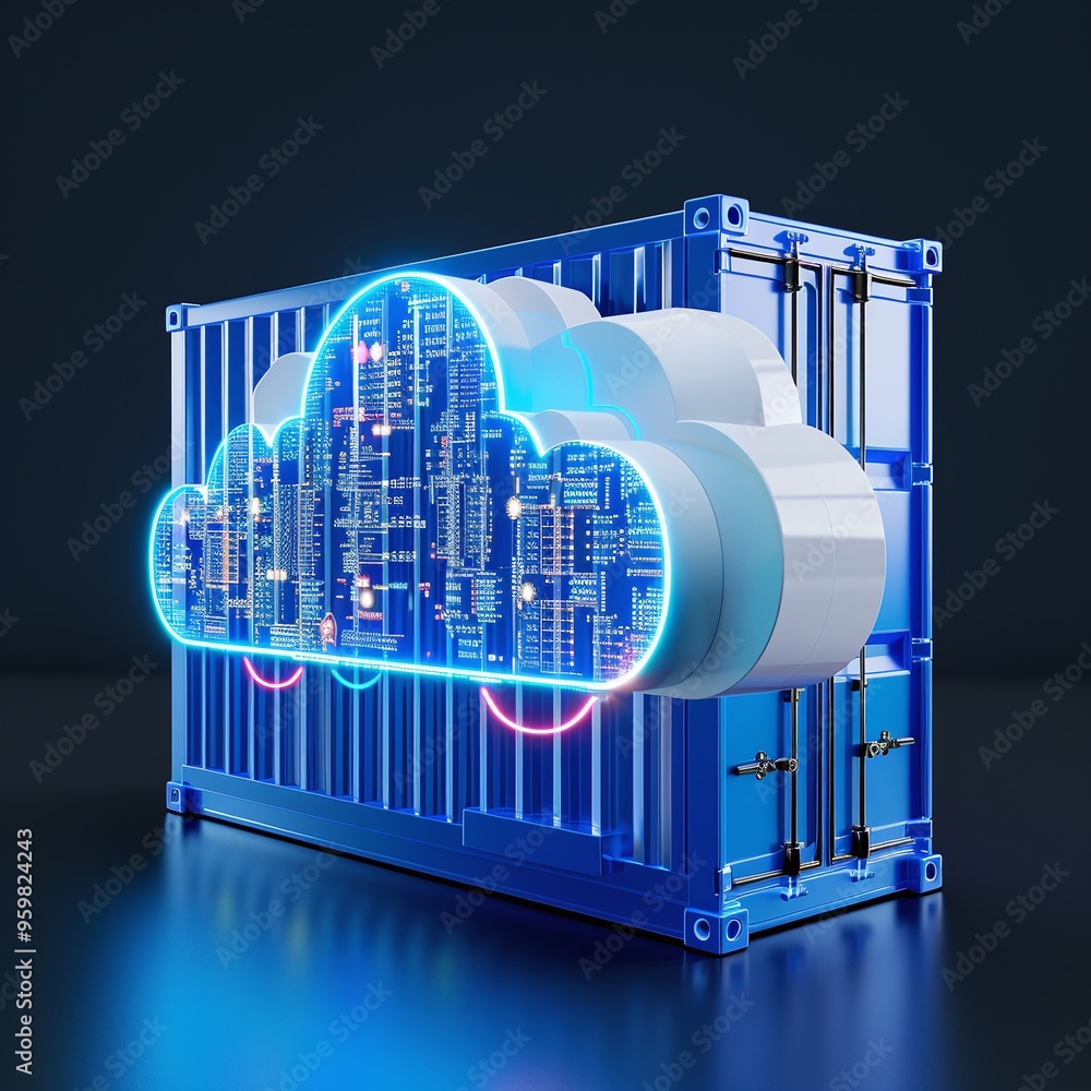 Poster futuristic containerized cloud computing concept with digital circuits merging on a blue container.