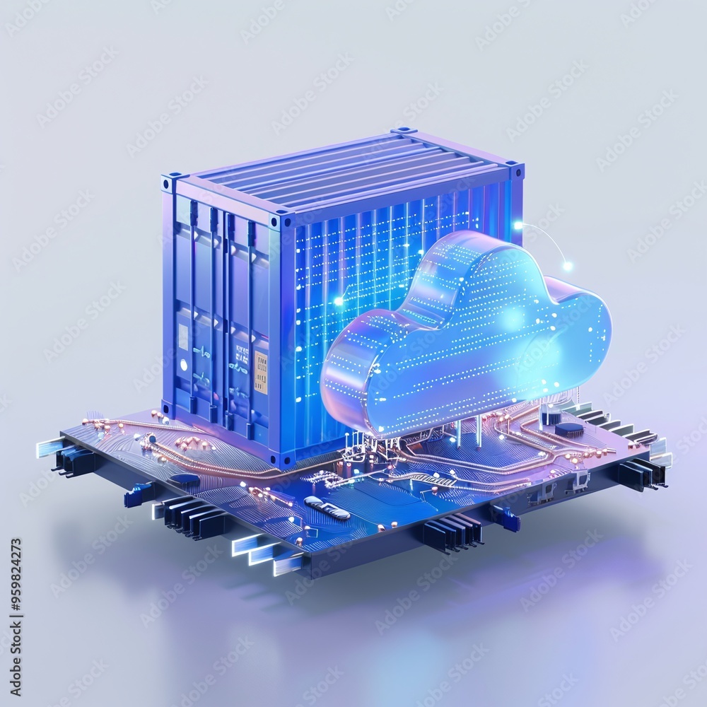Poster futuristic depiction of cloud computing and data storage integration, featuring a digital cloud and 