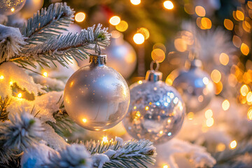 A Christmas tree with a lot of lights and ornaments. The tree is covered in snow and the ornaments are silver