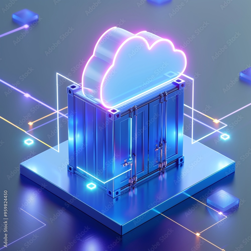 Poster futuristic digital cloud storage concept represented by a glowing cloud and container on a tech back