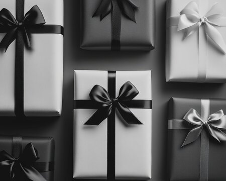 Cadeaux monochromes avec rubans noirs et blancs sur fond gris