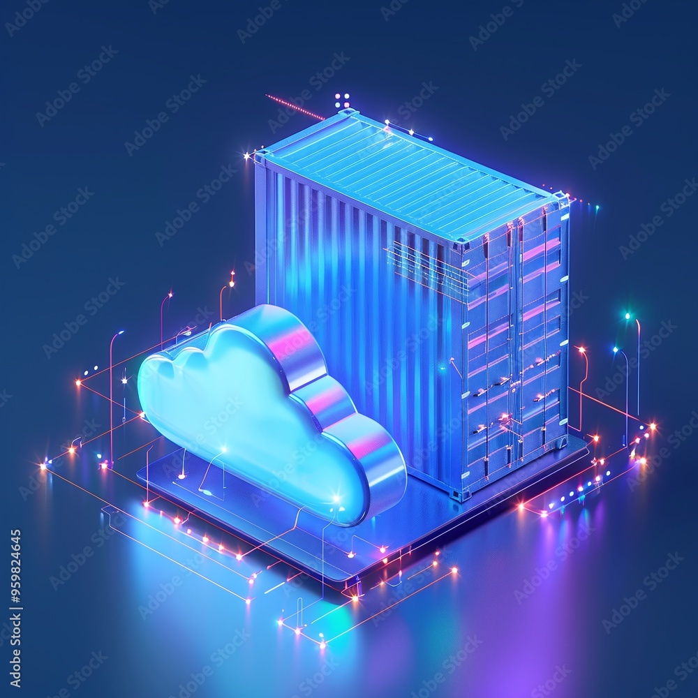 Poster futuristic digital rendering of cloud computing and data storage concept with glowing neon elements 