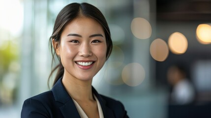 Obraz premium A professional woman stands confidently with a bright smile, set in a modern office environment with blurred lights behind her.