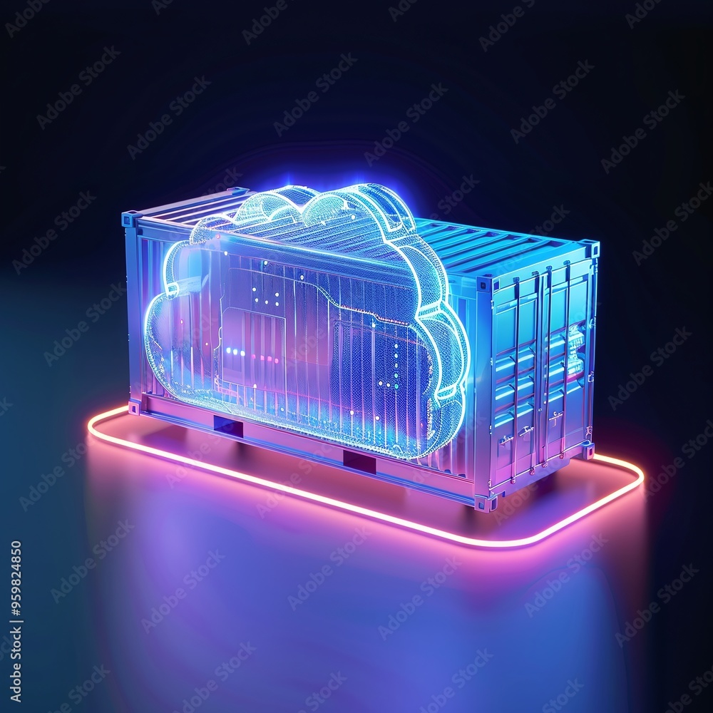 Aufkleber futuristic neon-lit container with cloud computing icon, representing modern technology, data storag