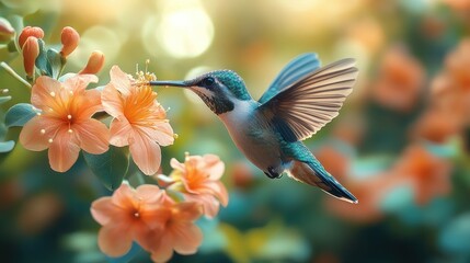 Naklejka premium Hummingbird in Flight, Feeding on Flowers