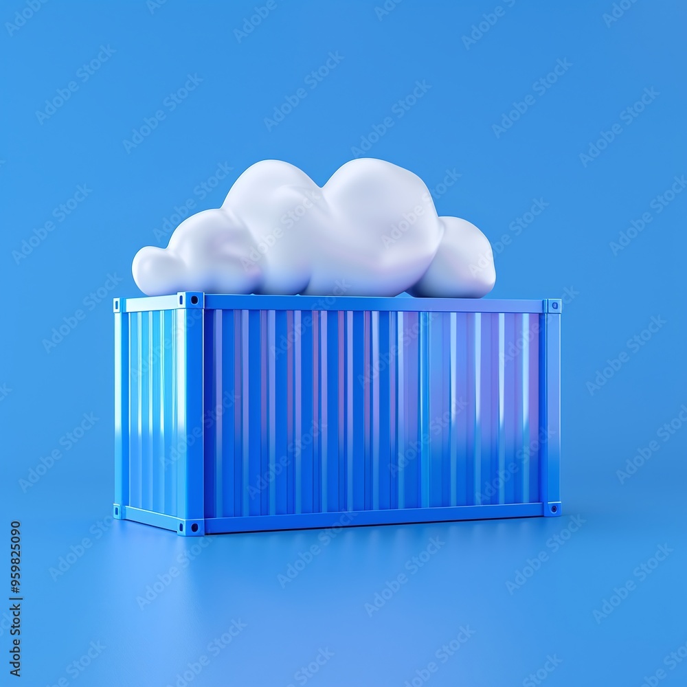 Poster minimalistic blue container with a cloud on top, symbolizing cloud storage solutions. isolated on a 