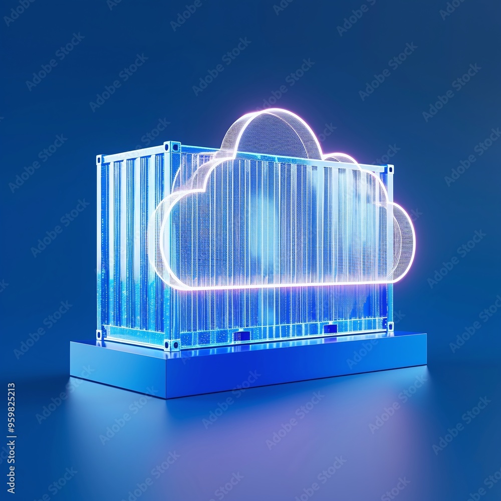 Poster modern cloud computing container with a neon cloud outline on a blue background, symbolizing digital