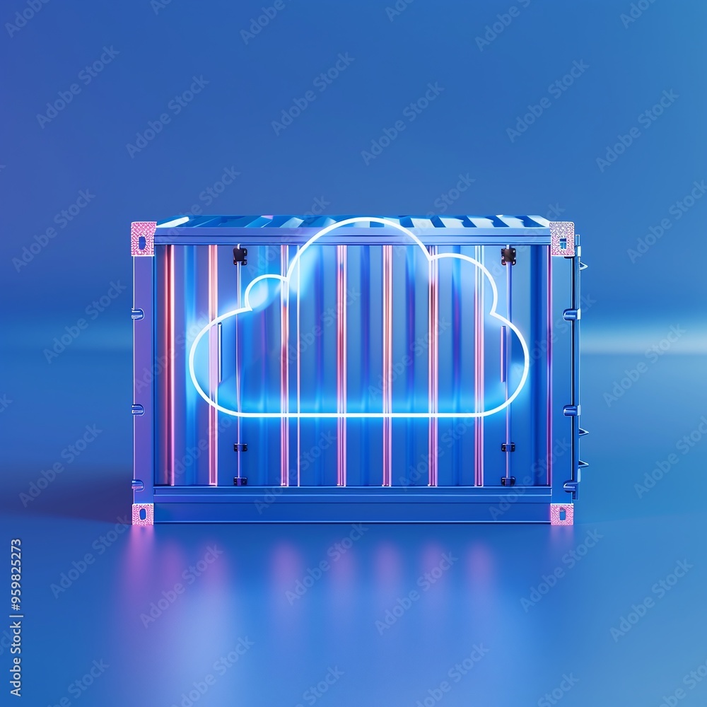 Poster neon cloud icon on shipping container, conceptual image representing cloud computing and data storag
