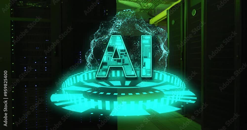 Aufkleber AI text animation over futuristic digital interface in data center