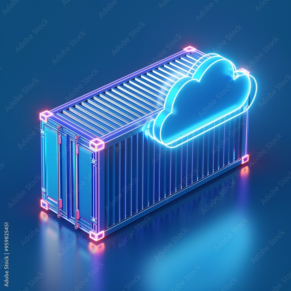 Poster neon container and cloud symbol on blue background, representing cloud computing, data storage, and 