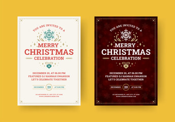 Merry Christmas celebration festive party retro promo flyer design template set vector flat illustration. Winter holiday musical event festival vintage promo poster with snowflake and golden confetti