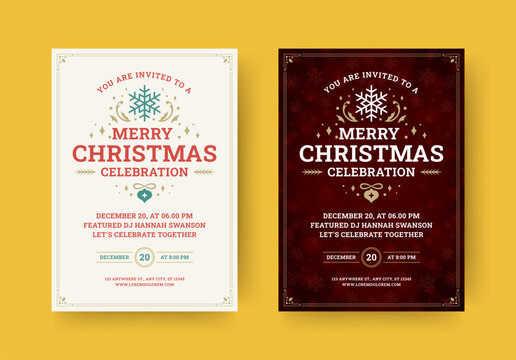 Merry Christmas celebration festive party retro promo flyer design template set vector flat illustration. Winter holiday musical event festival vintage promo poster with snowflake and golden confetti