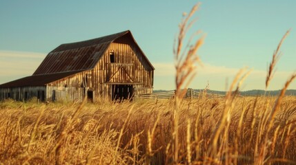 Obraz premium Old barn amidst golden wheat stalks, evoking a bountiful harvest under a clear autumn sky.