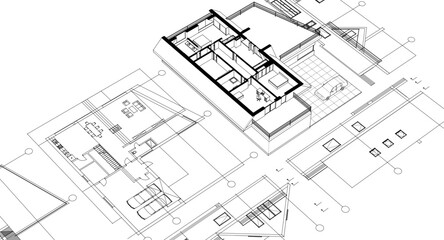 house traditional architecture plan 3d illustration	