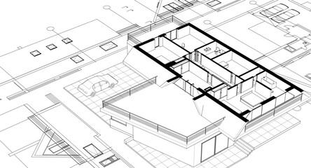 house traditional architecture plan 3d illustration	