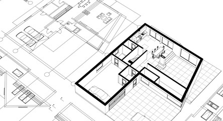 house traditional architecture plan 3d illustration	