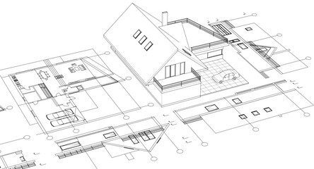 house traditional architecture plan 3d illustration	