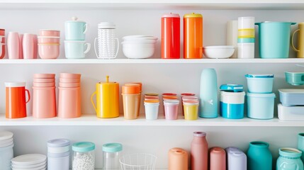 Colorful kitchen shelves neatly organized with various jars, mugs, and containers in pastel hues, creating a vibrant and visually appealing display.