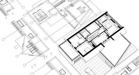 house traditional architecture plan 3d illustration	
