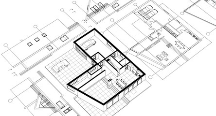 house traditional architecture plan 3d illustration	