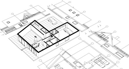 house traditional architecture plan 3d illustration	