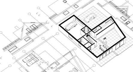 house traditional architecture plan 3d illustration	