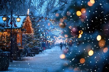Christmas Market Street With Snowfall