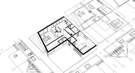house traditional architecture plan 3d illustration	