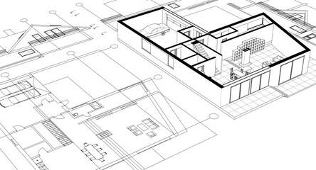 house traditional architecture plan 3d illustration	