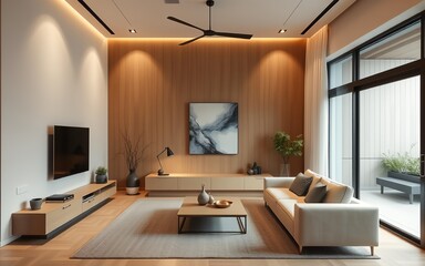 Fototapeta premium A living room with a large wooden floor