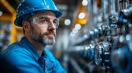 Industrial Expertise: A focused look of a skilled industrial worker, wearing safety gear,  contemplating the machinery. His serious expression conveys both expertise and concern for the complex proces