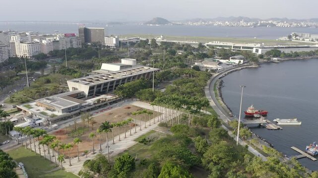Rio de Janeiro, Brazil - August 2024: Museum of Modern Art (MAM), seat of the G20 Summit 2024 - wide aerial shot of the MAM with the Niteroi Bridge, city centre, Santos Dumont Airport and Guanabara