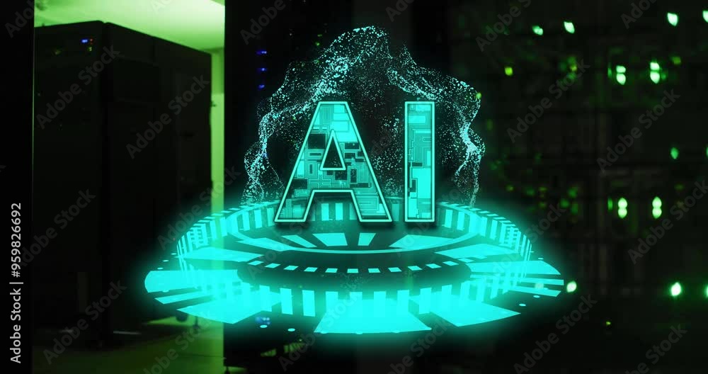 Poster ai text and futuristic circuit animation over server room background