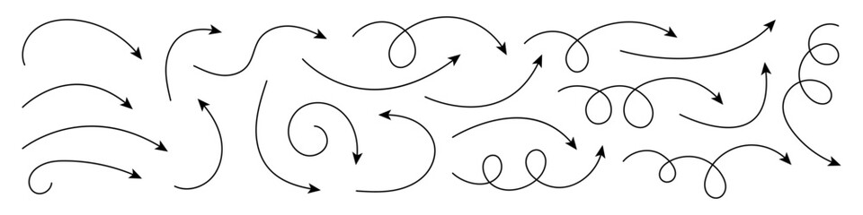 Collection of curved arrows. Set simple curved hand drawn arrows.