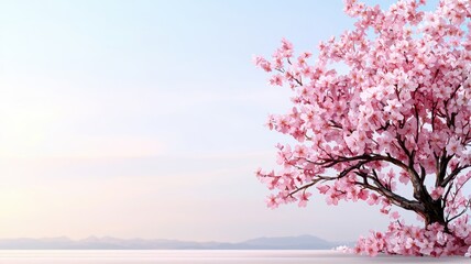 A serene landscape featuring a blooming cherry tree and calming waters, perfect for nature lovers and tranquility seekers.