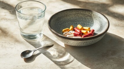 Fototapeta premium Vitamins and supplements in a bowl with a glass of water and a spoon beside it