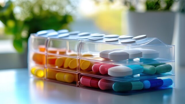 Close-up of a daily pill organizer with different colored vitamins and medications