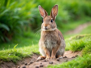Brown rabbit sitting in grassy field, surrounded by its own footprints in the dirt