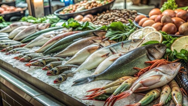 fish market with fish and crustations