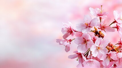 Delicate pink cherry blossom flowers against a soft pastel background, symbolizing beauty, renewal, and the arrival of spring.