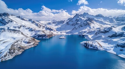 Bird's eye view of snow-capped mountains, contrasting blue waters with white snow.