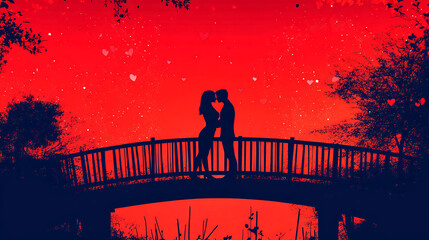 Naklejka premium Couple hugging and kissing on a bridge connecting two coasts, concept art, illustration.
