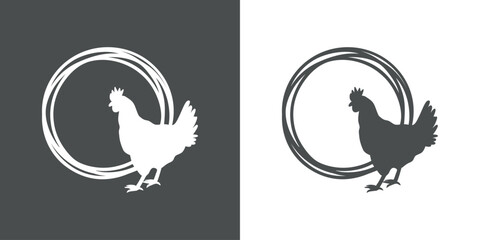 Logo con silueta de gallina o pollo en marco circular con líneas