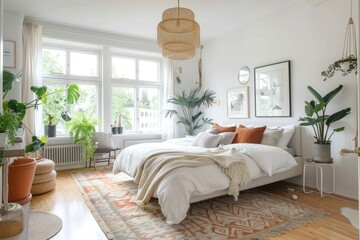 Naklejka premium Minimalist Bedroom with White Bedding and Lush Greenery
