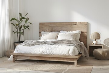 Minimalist Bedroom with Wooden Bed and Natural Elements