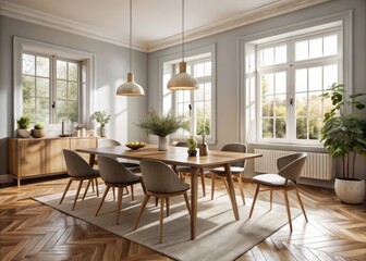 Clean lines and minimal ornamentation define the contemporary Danish dining room, where natural light pours in through